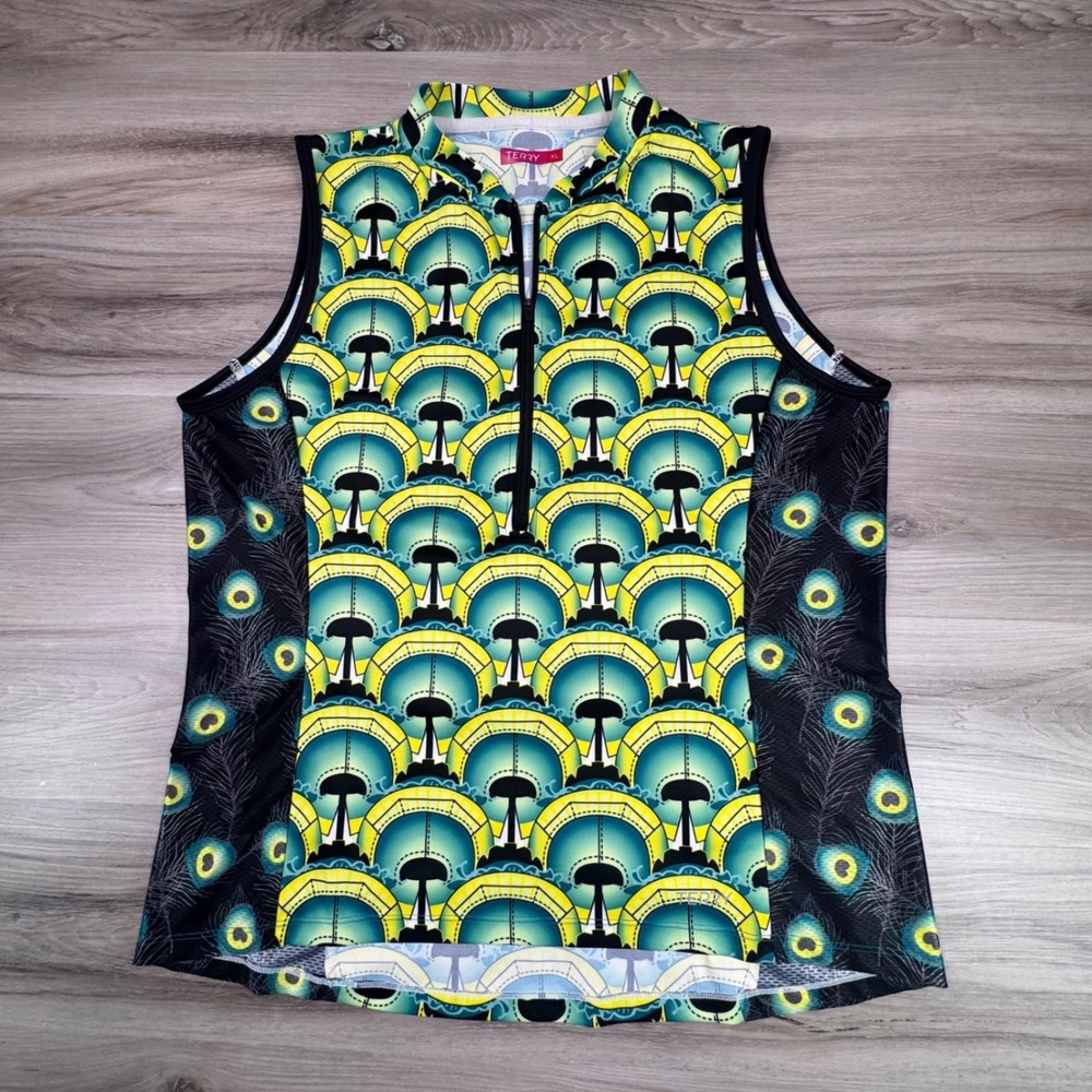 TERRY Women's Cycling Jersey XL Sleeveless Peacock Geometric 1/4 Zip Bike Shirt